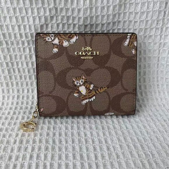 NEW Coach Snap Wallet In Signature Canvas With Dancing Kitten Print - Picture 2 of 9